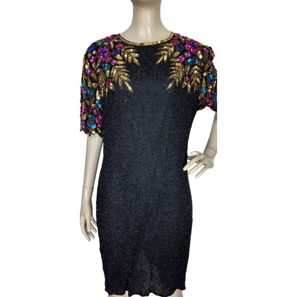 Vintage 80s STENAY Art Deco Sequined Beaded 100% Silk Party Dress Size 10 India - Picture 4 of 9